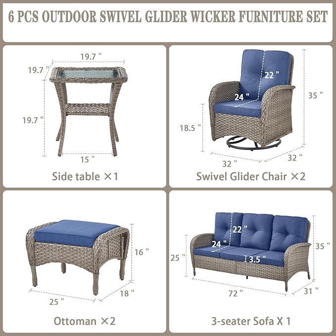 Belord 6 Pieces Wicker Patio Furniture Set - Swivel Rocker Outdoor Chairs with Outdoor Couch and Side Table, All-Weather Patio Conversation Set for Deck Sunroom Backyard