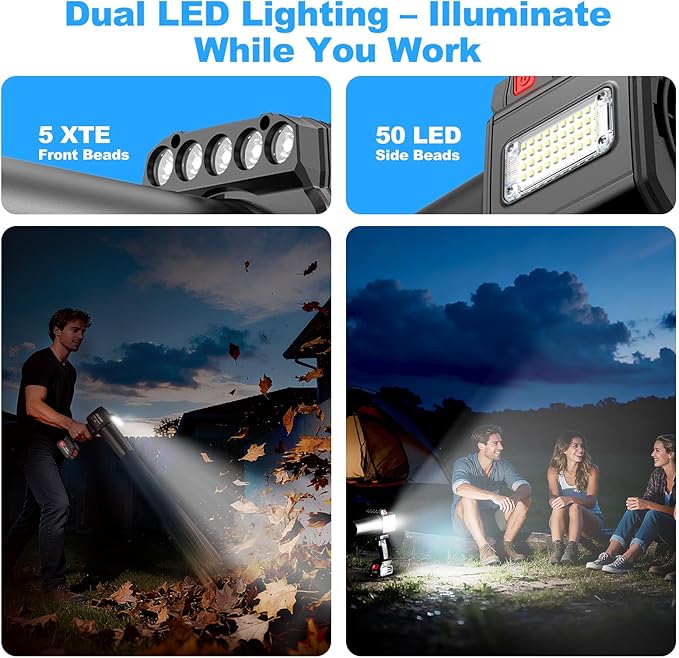 DEGGE Brushless Leaf Blower Cordless, Handheld Leaf Blowers with LED Work Light, Two Interchangeable Nozzles, Turbo Jet Blower for Lawn Care, Patio Cleaning, Garage Dust & Outdoor Use