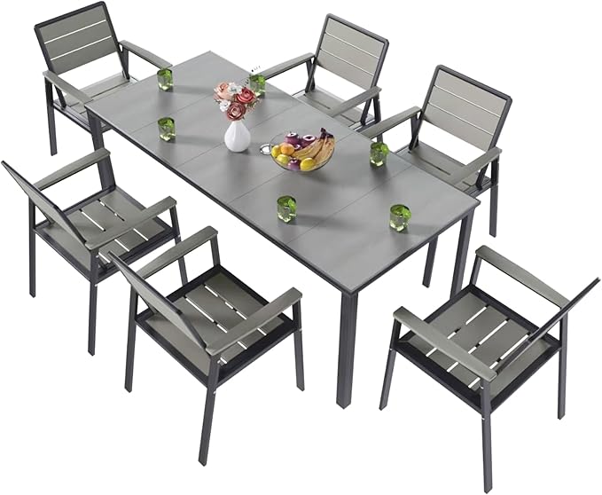 Kingdura 7 Piece Patio Dining Set for 6, HDPE Outdoor Table & Chairs with Umbrella Hole, All-Weather Outdoor Furniture Patio Conversation Set for Lawn Pool Backyard, Grey