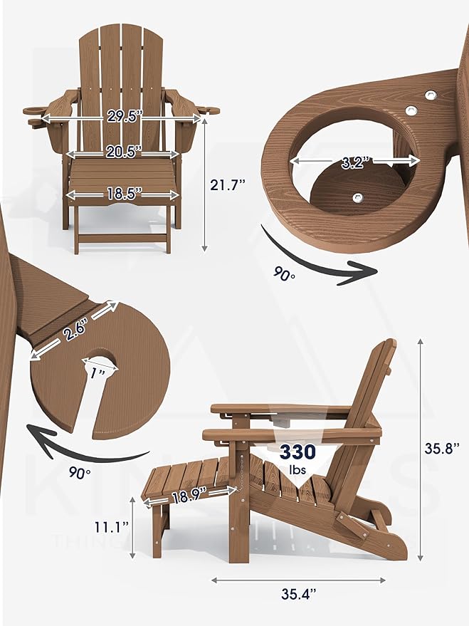 KINGYES Folding Adjustable Adirondack Chair with Ottoman & 2 Cup Holders, HDEP Reclining Adirondack Chair with Footrest, Brown