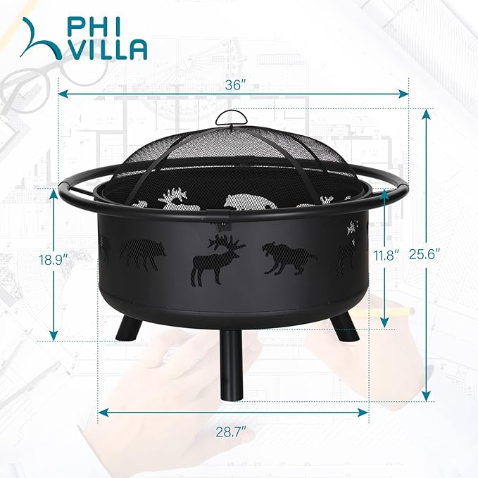PHI VILLA 36" Outdoor Wood Burning Firepit, Large Patio Deep Bowl Steel Fire Pits with Animal Cutouts Pattern, Poker & Spark Screen