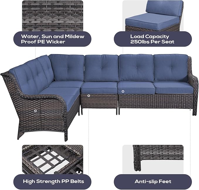 Belord Outdoor Furniture Sectional Sofa L Shaped Couch - Patio Wicker Set with 2 Swivel Glider Chairs, 5 Piece Rattan Patio Conversation Sets with Blue Cushion for Deck Backyard Sunroom