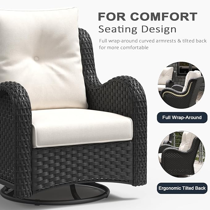 LayinSun 8 Pieces Outdoor Patio Furniture Set with Fire Pit Table, Rattan Wicker Sectional Swivel Rocker Chairs Sets with Ottomans, Swivel Glider Chair and Coffee Table