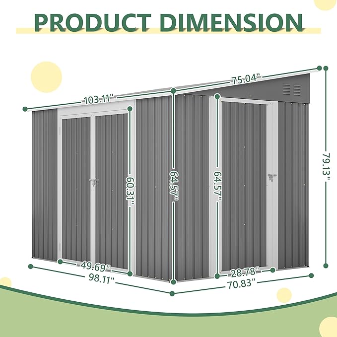 8x6 FT Metal Outdoor Storage Shed with Adjustable Side Door & Lockable Double Doors, Aluminum Frame, Waterproof Tool Shed with Floor Frame, Durable Garden Storage for Backyard & Patio