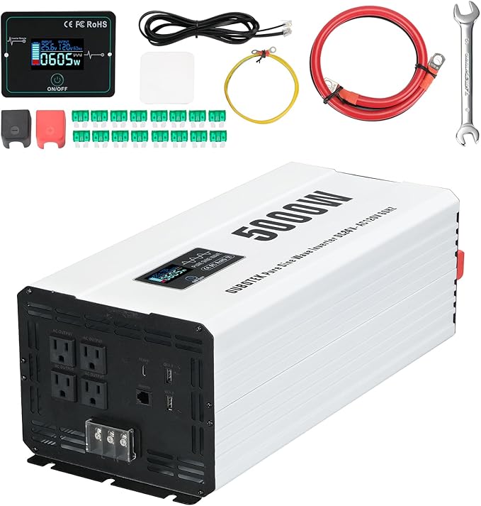 5000 Watts Power Inverter, Pure Sine Wave 24V DC to 120V AC Off Grid Solar Inverter with Wired Remote Switch LCD Display 4 AC Outlets Hardwire Terminal for Home RV Camping
