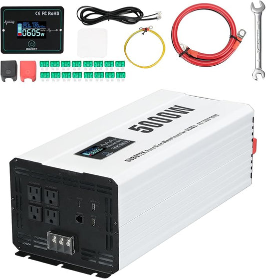 5000 Watts Power Inverter, Pure Sine Wave 24V DC to 120V AC Off Grid Solar Inverter with Wired Remote Switch LCD Display 4 AC Outlets Hardwire Terminal for Home RV Camping