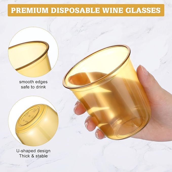 50pcs Disposable Stemless Glasses 12oz Crystal Plastic Wine Glasses Clear Classic Pet Cup for Meeting Weddings Birthdays Cocktail Christmas Party Supplies (Gold)