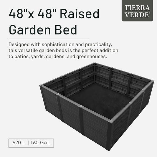 Tierra Verde 48-Inch x 48-Inch Raised Garden Bed with Tool-Free Connect System and Crafted from Recycled Materials, for Patios or Decks, Black