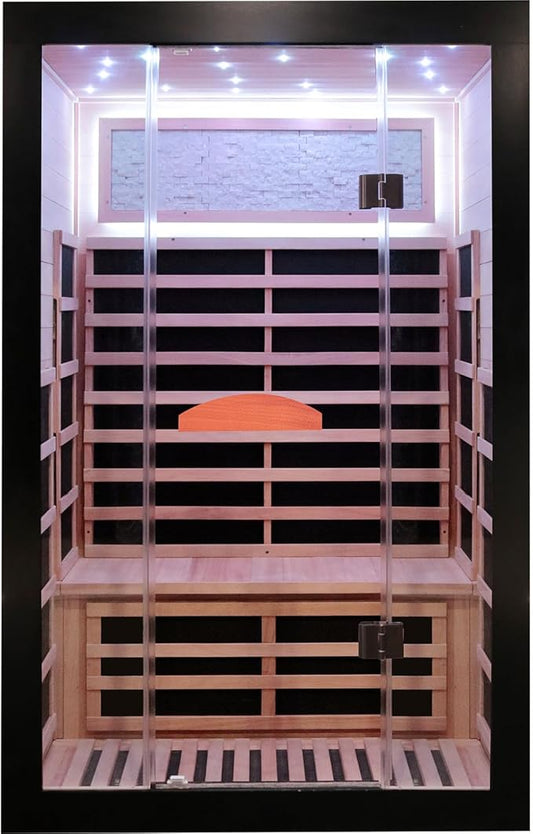 Infrared Sauna 2000W Wooden Saunas Home Spa Room Wood Low-EMF Indoor Saunas with with 7 Color Starry Sky Ceiling Light for Two Person 74.8 * 47.2 * 41.3Inch