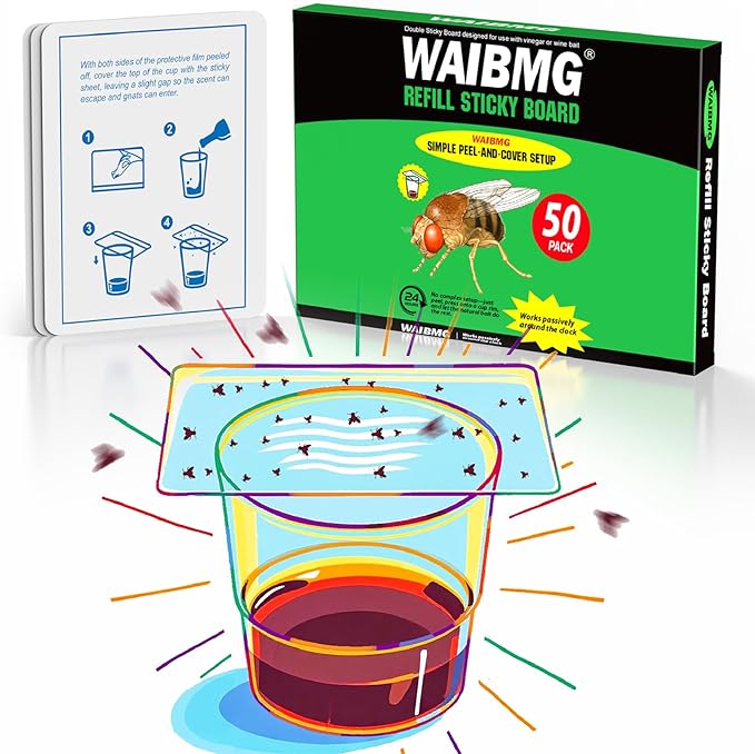 50 Pack Fruit Fly Trap Covers, Double-Sided Sticky Adhesive Cards for Gnats, Fruit Flies, Moths, Kitchen Insect Control (50 Pcs)