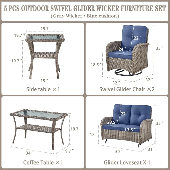 Belord 5 Piece Wicker Patio Furniture Set - Outdoor Conversation Sets with Deep Seating Swivel Rocker Chairs Loveseat and Rattan Coffee Table for Deck Backyard Poolside, Gray Wicker/Blue Cushion