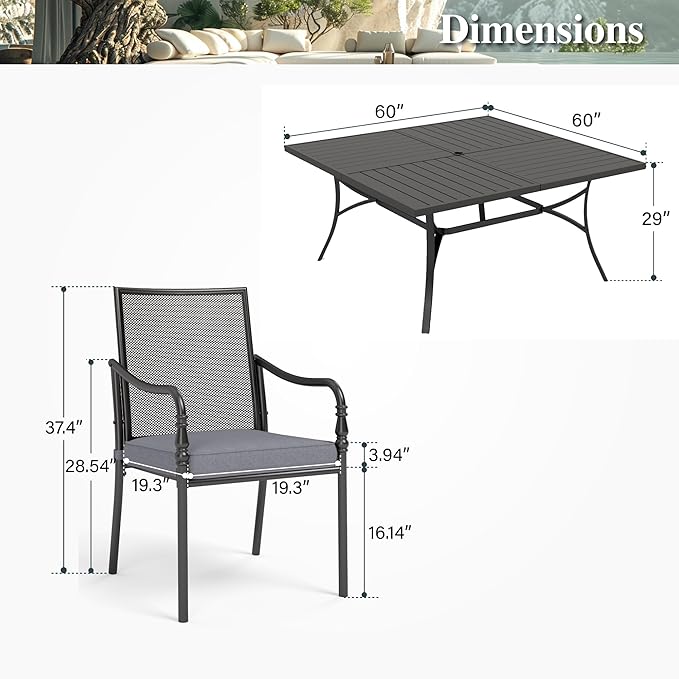 HERA'S HOUSE Metal Patio Table and Chairs Set for 8, Outdoor Dining Set 9 Pieces, 60" Square Table with Cushioned Armrest Chairs for Garden Backyard with Umbrella Hole