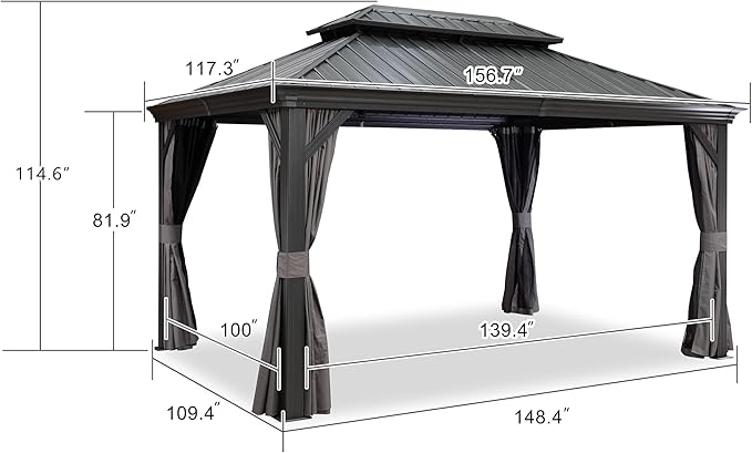 PURPLE LEAF 10' X 13' Hardtop Gazebo Aluminum Permanent Gazebo with Galvanized Steel Double Roof for Patio Lawn and Garden, Curtains and Netting Included, Grey