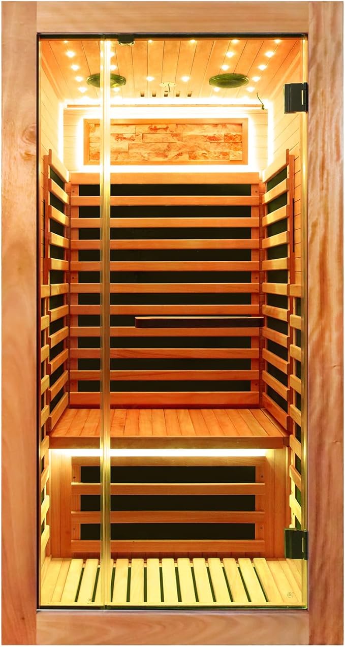 RIGO Single-Person Infrared Sauna Cabin, 1350W okoumé Wood Home Sauna Cabin 35.43×35.43×70.87 inches, Featuring a Starry Sky Light with Colour-Changing LED Strip Lighting, Indoor Personal Sauna spa.