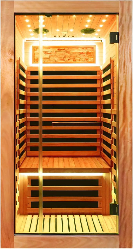 RIGO Single-Person Infrared Sauna Cabin, 1350W okoumé Wood Home Sauna Cabin 35.43×35.43×70.87 inches, Featuring a Starry Sky Light with Colour-Changing LED Strip Lighting, Indoor Personal Sauna spa.