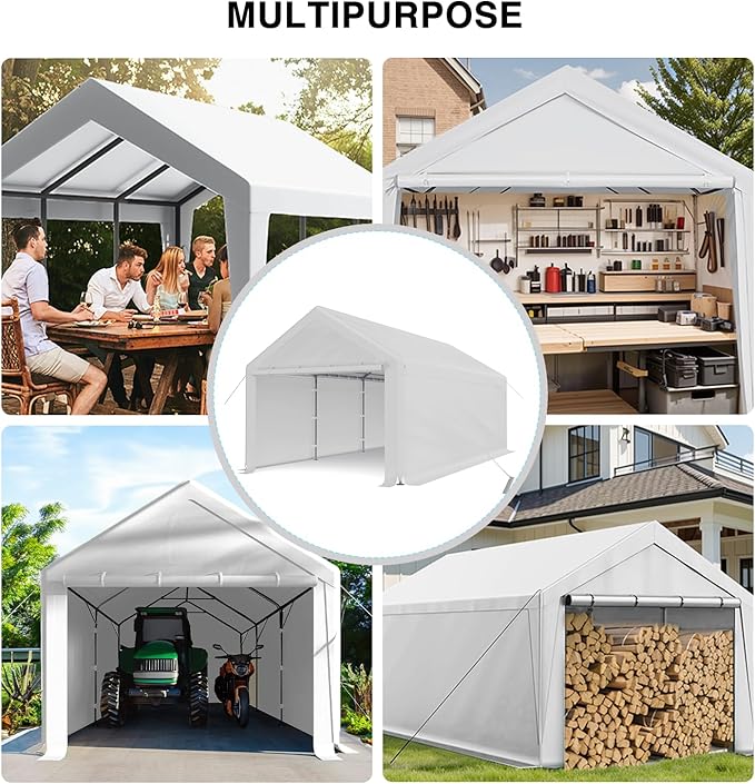Carport Canopy 10x20 Heavy Duty, Portable Carport Garage with Removable Sidewalls and Door, Car Port with Waterproof Canopy for All Season (White)
