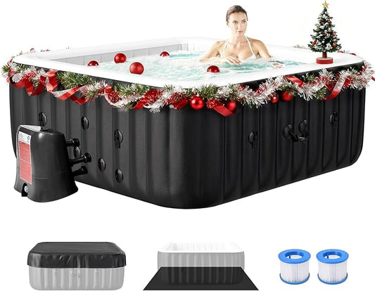 Blow Up Inflatable Hot Tub, 4-6 Person Large Square Portable Hot Tub, Leak-Proof PVC Outdoor Spa with 130 Air Jets, Heater Pump and Insulated Cover, 73” X 73”X 25”