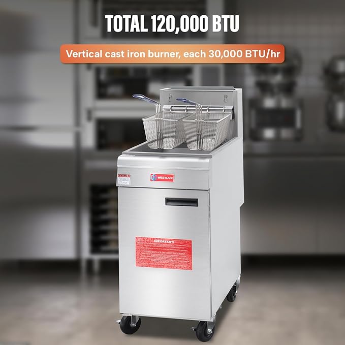 WESTLAKE Commercial Gas Deep Fryer, Stainless Steel Free Standing Floor Frye with Baskets 4 Tube 120000 BTU 50LB for Restaurants