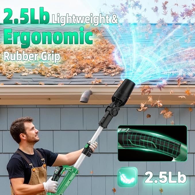 KIMO Leaf Blower Cordless with Battery and Charger, 310000RPM, 37Inch Telescopic Pole, 750CFM 280MPH, 3Speeds w/Smart Panel, Lightweight 2.5Lb, 2PCS 4000mAh Battery Operated Leaf Blower for Gutters