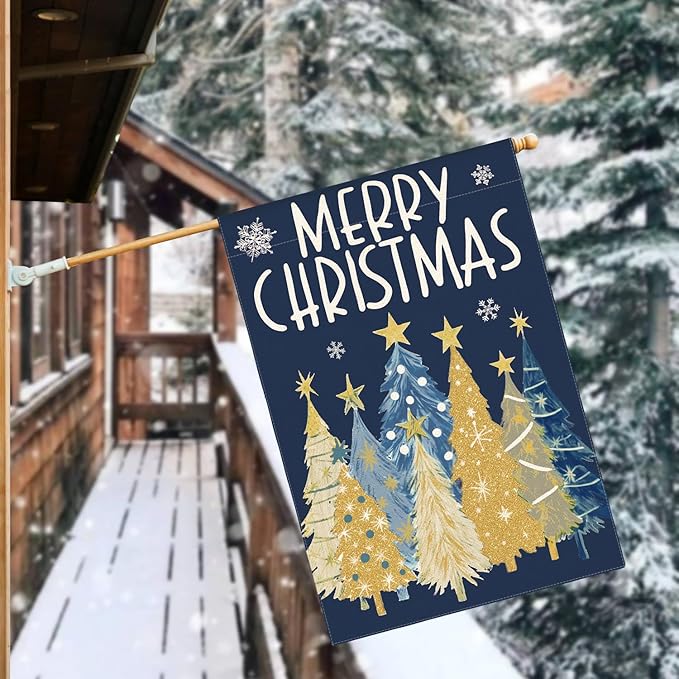 AVOIN colorlife Merry Christmas House Flag 28x40 Inch Double Sided Outside, Christmas Trees Winter Holiday Yard Outdoor Flag Blue
