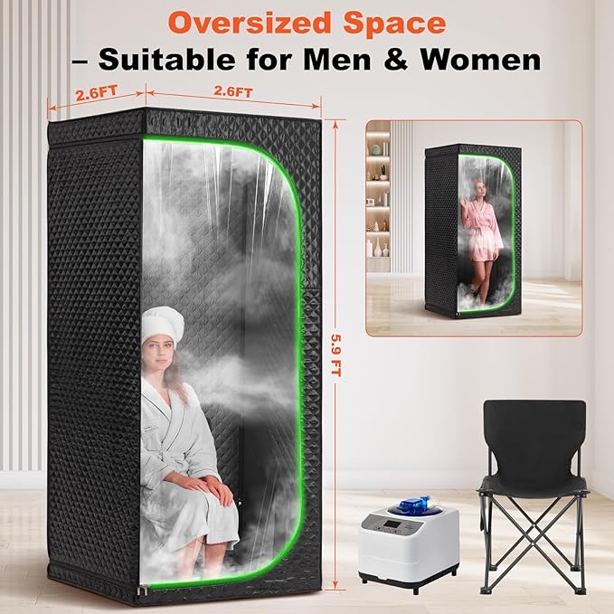 Portable Full-Body Steam Sauna Tent for Home – Large Indoor Personal Sauna with 15 Heat Levels, 3L Steamer, Remote, Foldable Chair and Transparent Window (Transparent Door, Black)