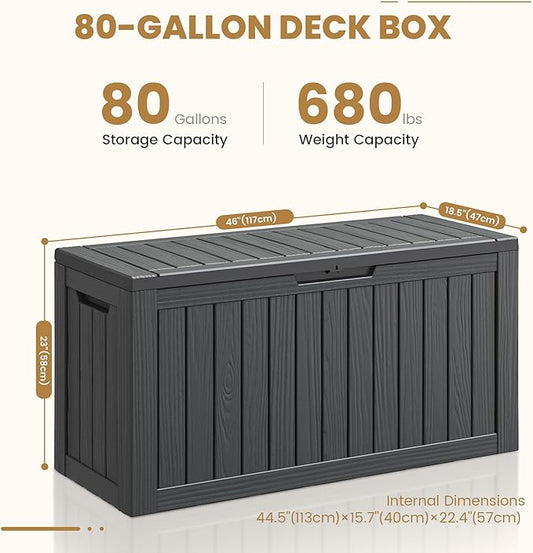 31 Gallon Resin Deck Boxes Waterproof, Waterproof and UV Resistant Outdoor Storage Box Lockable Lid for Delivery Box, Indoor, Garden Tools, Pool Supplies, Patio (Black, 80 Gallon)