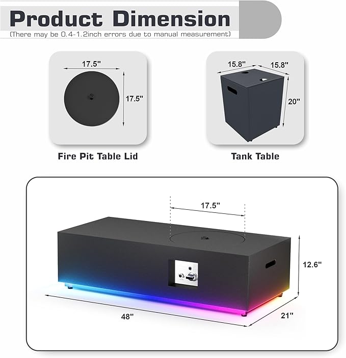 48 inch Propane Fire Pit Table LED, 2 in 1 Rectangular Outdoor Fire Pit with 20lb Tank Cover, Outside Patio Deck and Garden, Gas Fireplace Table with Lid and Stone, 50,000 BTU Adjustable Flame