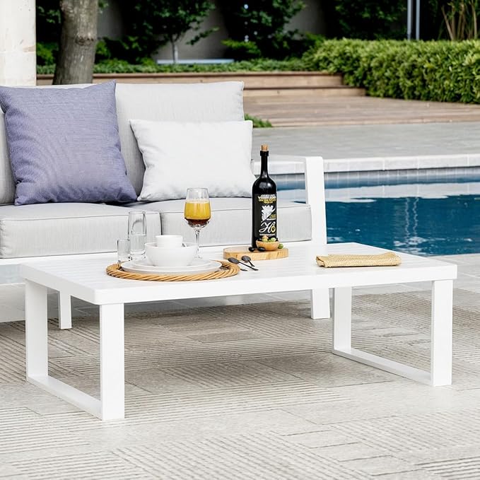 Aluminum Outdoor Patio Coffee Table for for Deck, and Poolside (White, All-Aluminum)
