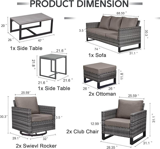 9 Piece Wicker Patio Furniture Set - Outdoor Swivel Rocker Chairs Set with Coffee Table, Rattan Chairs, 3 Seat Sofa & Ottomans, Patio Conversation Sets for Bcakyard Deck - Grey/Grey