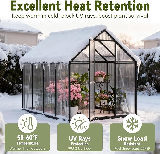6X7.5 FT Polycarbonate Greenhouse, Walk-in Green House for Outside with Electronic Hygrometer, Reinforced Aluminum Frame Greenhouses, Heavy Duty Garden, Patio, Backyard Flower Planting