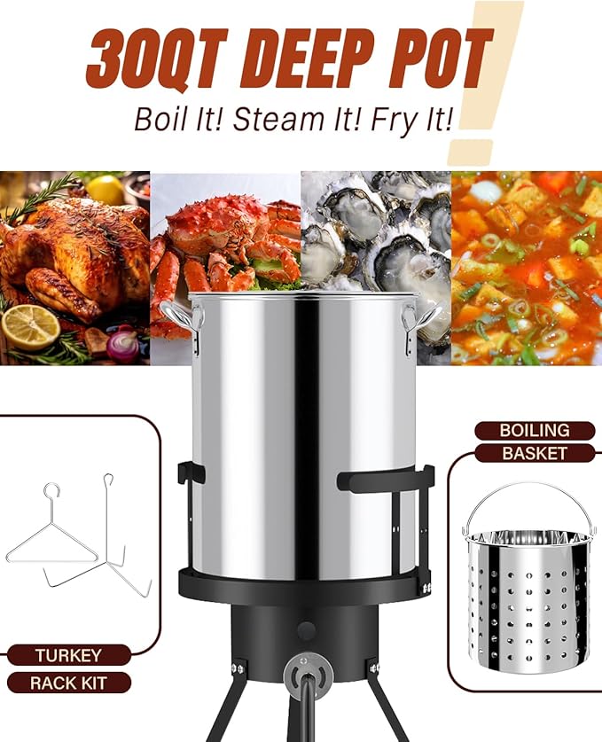 Outdoor Turkey Fryer Set 30QT | Stainless Steel Pot with 15QT Basket | Lid & Lifting Hook & Thermometer | 50,000BTU Propane Gas Burner | For Turkey, Crawfish, Crab, Shrimp & Lobster