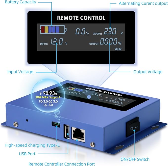 LVYUAN 5000 Watt Heavy Duty 10000(Peak) Pure Sine Wave Power Inverter 12V DC to 110V/120V AC Converter with 4 Sockets, LCD Display, Remote Control and USB Port for Home, RV, Truck, Solar, Emergency