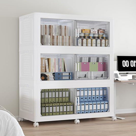 480 QT Extra Large Stackable Storage Bins with Lid, 120 Gal Collapsible Storage Box with Wheels, Folding Closet Organizers and Storage Cabinet with Doors for Home, Kitchen, Office, 3Pack White