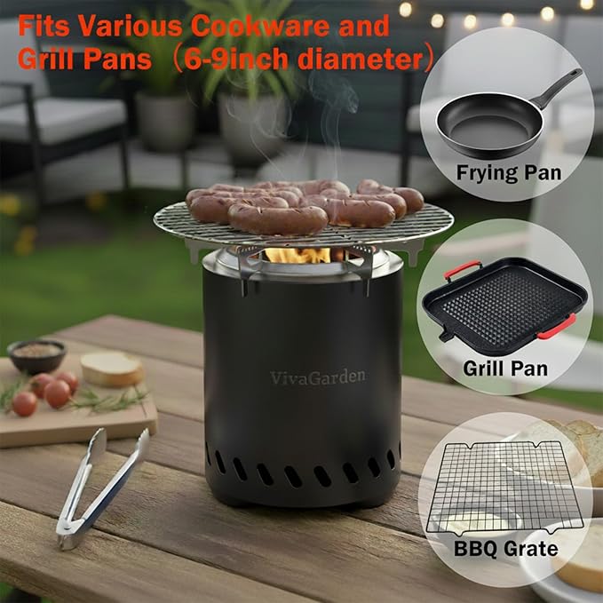 Smokeless Tabletop Fire Pit, VivaGarden Portable Outdoor Fire Pit for Camping, Patio, Backyard, Wood and Pellets Burning Camping Stove with Carry Bag, Forks, Mat and Pot Stand (9.7x7.1 Inch, Black)