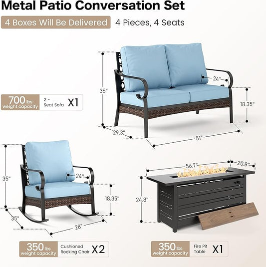 4 Piece Metal Outdoor Patio Furniture Sets with Firepit Table, Patio Conversation Sets 1 2-Seater Sofa, 2 Rocking Sofa with 5.75" Cushion Black Backyard Furniture for Deck, Blue