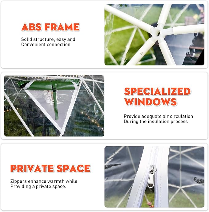 12FT Garden Dome Tent, Geodesic Dome Greenhouse with PVC Clear Cover, Waterproof Garden Bubble Dome Tent House with 2 x 10M Light Strings for Outdoor, Patio, Party