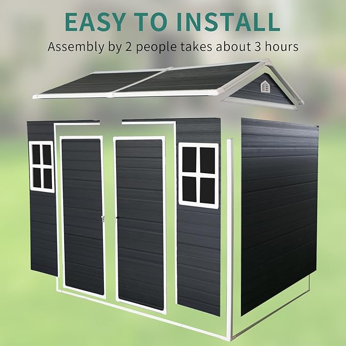 8x4 FT Outdoor Storage Shed,Waterproof Resin Garden Shed with Windows, Lockable Doors, and Sloped Roof,Tool Storage for Patio, Backyard, Lawn, Black