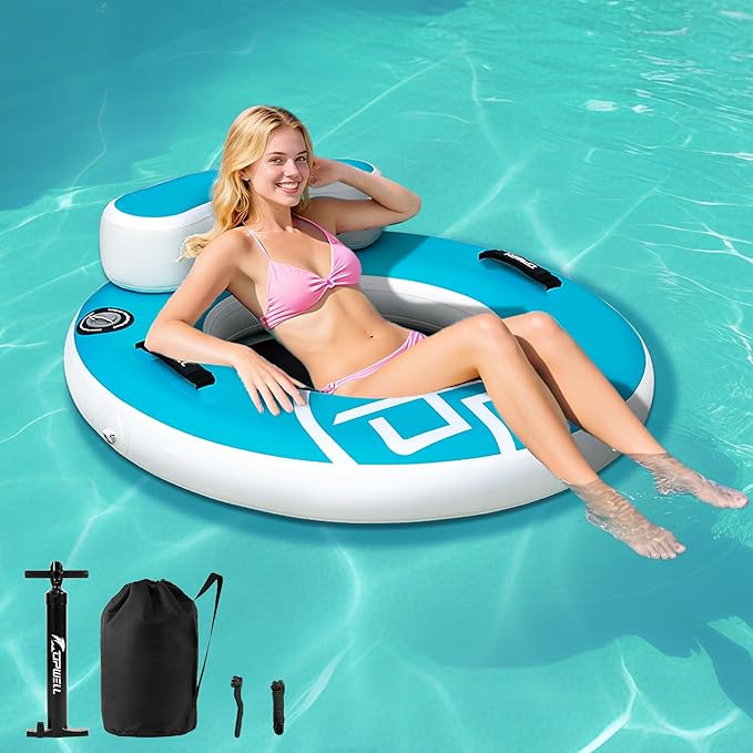 UPWELL Round Inflatable Pool Float Hammock with Backrest - Heavy Duty Mesh Mat for Adults, Tanning, Lakes and Rivers