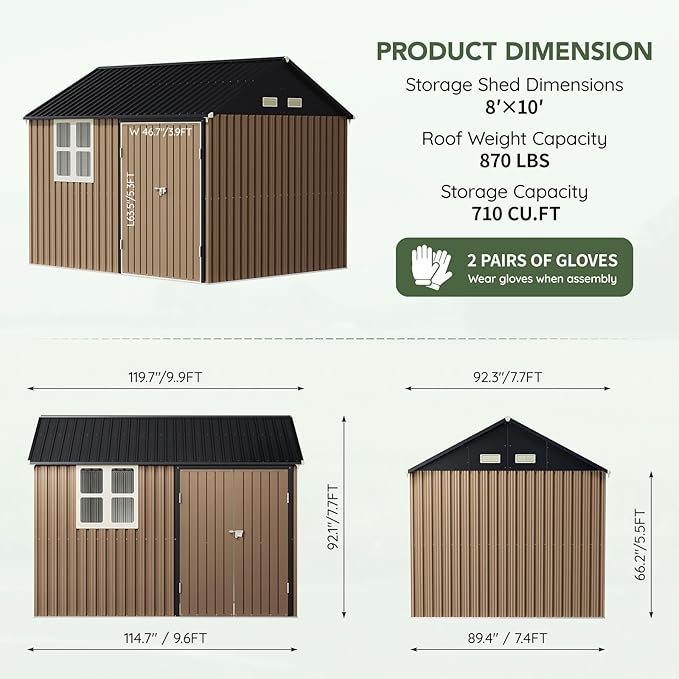 Update 8x10 FT Outdoor Metal Storage Shed, Single Door, 1 Clear Window, Tool Shed for Garden, Patio, Backyard Brown