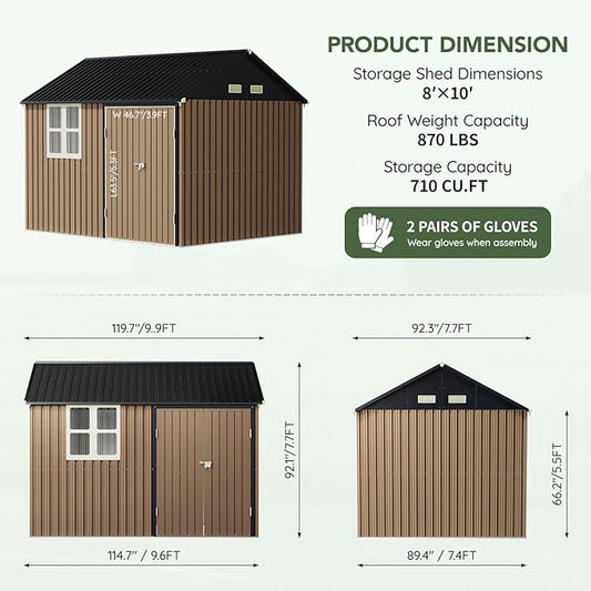 Update 8x10 FT Outdoor Metal Storage Shed, Single Door, 1 Clear Window, Tool Shed for Garden, Patio, Backyard Brown