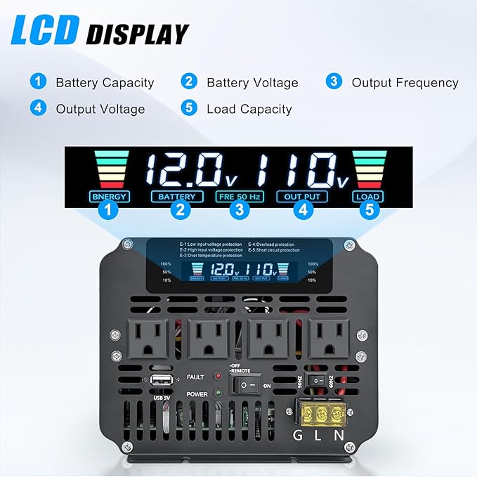 LVYUAN 5000 Watt Power Inverter 12V to 110V 120V for Vehicle, Solar Inverter System, Heavy Duty, RV, Truck, Off Grid,Camping with 4 AC Outlets, LCD Display, Wireless Remote Control, Car Power Inverter