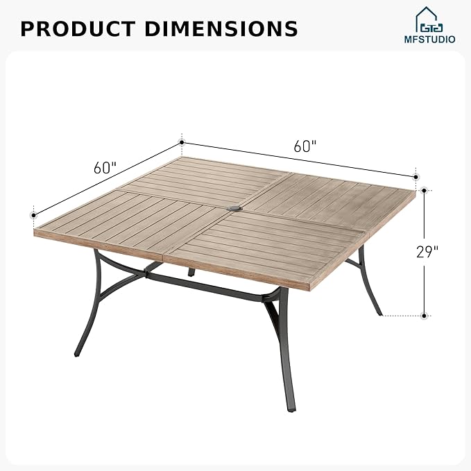 MFSTUDIO 9 Pieces Patio Dining Table Set, 8 Person Outdoor Square Table Set with Chairs, Large Dining Furniture Set, Patio 60" Square Metal Dining Table for 8, Backyard, Porch