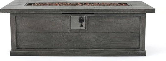 Outdoor Propane Fire Pit Table for Outside Patio, 56 Inch Concrete Fire Pit Table, Rectangle Gas Fire Pit for Garden, Pool, Backyard, 50,000 BTU, Free Lava Rocks, Gray Wood Pattern