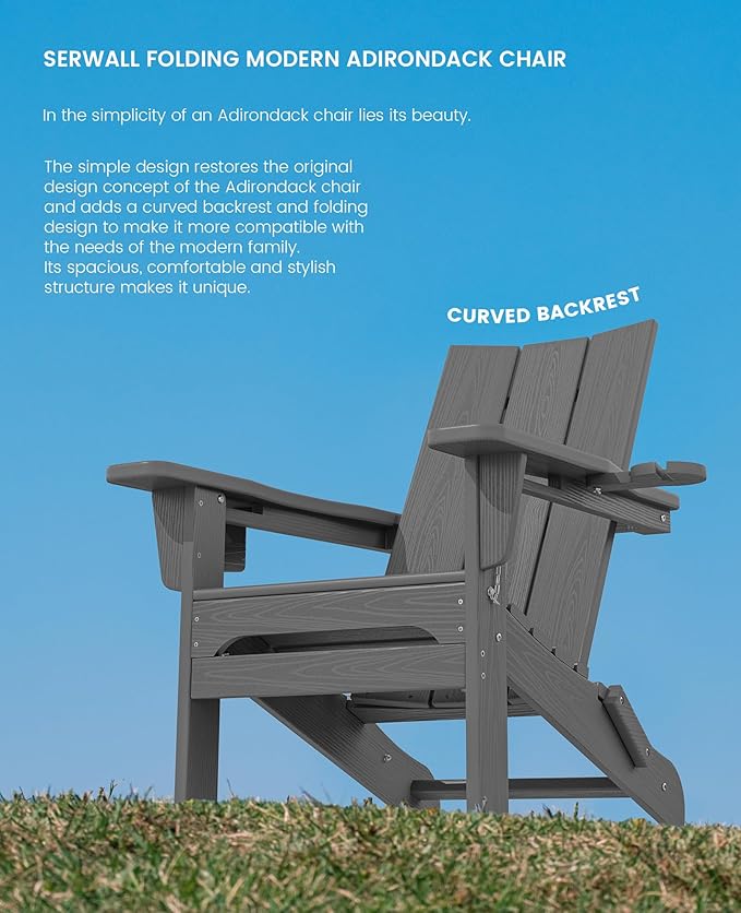 SERWALL Outdoor HDPE Adirondack Chair Set 4, Modern Folding Adirondack Chair with Cup Holders, Weather Resistant Fire Pit Chairs, Gray