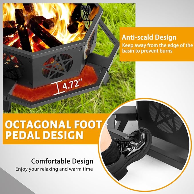 43 Inch Outdoor Fire Pit, Heavy Duty Wood Burning Firepits for Outside, Octagonal Metal Bonfire Fire Pits with Fire Poker for Camping, Backyard, Patio, Garden, Beach, Poolside, Picnic