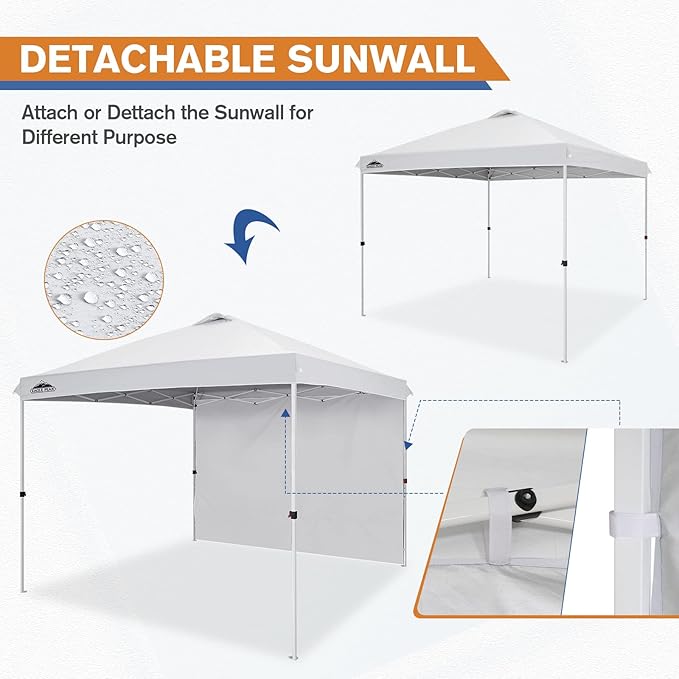 EAGLE PEAK Pop Up Canopy Tent with 1 Sidewall, Easy Setup Event Tent, Outdoor Sun Shade, Wheeled Carry Bag, Stakes and Guy Ropes, Instant Canopy 10x10, White