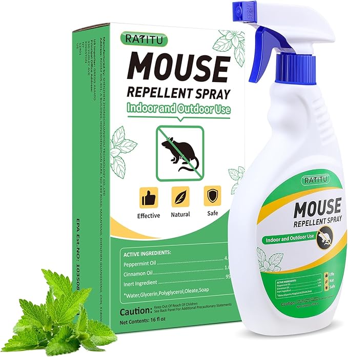 Natural Peppermint Oil Spray for Rodents, Mice Repellent Indoor/Outdoor, Squirrel Repellent Spray Mouse Rats Prevention On Home Car RV Yard Garage Warehouse Attic (16 OZ)
