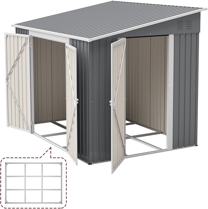 8x6FT Lean to Shed with Floor Frame, Metal Outdoor Storage Shed with Two Separate Doors for Garden Backyard Patio, Large Tool Shed for Bicycle&Lawn Mower Storage