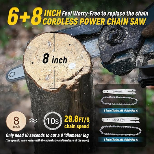 JOVANT 8 Inch Cordless Chainsaw, 8 Inch&6 Inch Chain Saw with 4A Rechargeable Battery,Battery Powered Handheld Chainsaw for Tree Trimming and Wood Cutting 1*Battery
