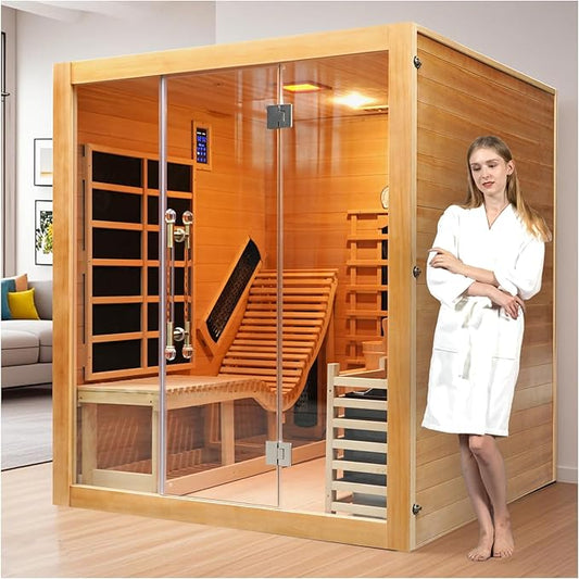 Wood Home Hybrid Sauna for 2-3 Person, Far Infrared & Steam Dual System Indoor Traditional Saunas, 3KW/6KW, 9 Heating Elements and Heating Stove, Speaker, Oxygen Bar, Water Bucket, Rocks, Hemlock